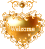 Six golden heart-shaped icons with ornate white and gold borders display the word "Welcome" in white text, arranged in two of three on a gray background