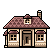 Pixel art house with brown roof, beige walls, and brown door; three windows with white trim; chimney with smoke; small flag on roof; two versions of the house with different door and window states.