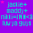 A static digital image with a purple background displays repeated text in cyan and pink, including "jackie+", "maddy+", "nikki=JMN<8", and "luv ya guys".