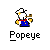 Pixel art animation of Popeye character in blue overalls and red collar holding a pipe, with smoke effects across frames on gray background.