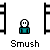 Pixelated character with white face and teal shirt appears in multiple positions relative to black ladder-like structures, with 'Smush' text below each instance.