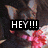 Pixelated image of a character with large ears and pink flowers, displaying text overlays.