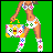 Pixelated cartoon woman in white bikini with colorful patterns, holding a yellow-handled bag, standing on green background.