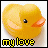 A contact sheet of 11 animated frames showing a yellow rubber duck with orange beak and black eye, each frame displaying the text 'my love' in pixelated font below the duck against a white background.