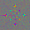 repeating psychedelic patterns with swirling lines in cyan, magenta, yellow, and green forming circular motifs on a multicolored background