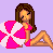 Pixel art contact sheet showing a bikini-clad cartoon woman with brown hair holding a pink-and-white beach ball, displayed across six frames with alternating text color variations on a light purple background.