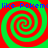Four red-green spiral patterns arranged in a with blue text reading "like Pokem" repeated across the top and bottom edges on a green background