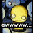Animated sequence showing a yellow spherical character with glowing eyes and a blue robotic figure wearing headphones, both in pixelated style.