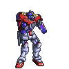Pixelated mecha robot in red, blue, and white armor with multiple weapon attachments on a gray background.