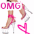 Animated sequence showing a foot in high-heeled shoes with pink text changing from "OMG" to "SHOES" above the image.