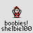 Pixel art character in red outfit with brown hair, multiple poses including raised arms and chest-focused view, text 'boobies! shelbie100' below each frame.