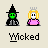 Pixel art buddy icon featuring two characters: a green-skinned witch in black attire and a blonde princess with crown, below which is the word "Wicked" in pixelated text.