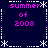 Pixelated graphic with four identical quadrants displaying 'summer of 2008' text in pink, bordered by white snowflake and dotted lines on dark blue background.