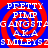 A static image with red spiral patterns on a blue background, overlaid with white text reading "PRETTY PIMP GANGSTAG AKA SMOLEYS 2S" in four identical quadrants.