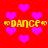 A static 48x48 pixel buddy icon featuring a red background with scattered pink hearts and yellow "DANCE" text in a retro pixelated style.
