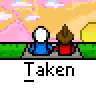 Pixel art contact sheet showing three frames of an animated buddy icon with two stick figures sitting on a bench at sunset, each frame labeled "Taken" below the scene.