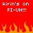 Red background with white pixelated text reading 'kirin's on FI-UH!!!' and orange-yellow pixelated flames at the bottom.