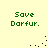 Green pixelated text 'Save Darfur.' on a pale yellow background with scattered black dots in four quadrants.