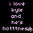Pixelated text in light purple on black background repeats 'i love kyle and he's hotttness' with small heart symbols, arranged in a pattern
