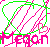 Pixelated graphic with green and pink lines forming abstract shapes, including two heart outlines and the word 'MEON' in stylized letters.