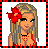 Pixel art of a blonde woman with red flower in hair, wearing red top and black skirt, showing different poses and text phrases