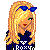 Pixel art contact sheet showing three frames of an animated buddy icon with a blonde character, Roxy brand clothing, and "in love" text on a purple background.