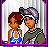 Pixel art of two figures in a frame with pink text on black and gray backgrounds.