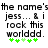 Pixelated text reads "the name's jess... & i rock this worlddd." with green plus signs below, displayed in two identical side-by-side