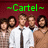 ~Cartel~ text above five pixelated figures in white shirts and dark ties against a maroon background.