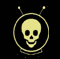 Yellow skull inside circular frame with two antennae on black background; six distinct face images