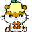 Pixelated cartoon hamster with yellow hair, brown forehead stripe, and orange bow tie stands on white background.