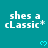 Teal background with repeated white text 'shes a cLassic*' and cyan heart symbols, partially cropped at bottom right.
