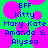 Green background with pink circles and blue text listing names: BFF, Kitty, Mary Kate, Amanda & Alyssa.