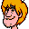Pixelated cartoon character with pink face, black outline, and yellow-orange hair against gray background.