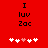 Red background with black text 'I luv Zac' and five white/pink pixelated hearts, showing heart color change