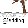 Animated sledding contact sheet showing multiple frames of pixelated characters sliding on sleds through a snowy forest with bare trees, each frame labeled "Sledding" below.