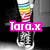 A pixelated image of a person's lower body wearing striped socks and sneakers, with text overlay changing color between frames.