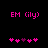 Pixelated pink text 'EM (ily)' above a of five heart icons on black background, with one purple heart in the center