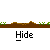 Pixelated character with white and black patterned head, blue feet, brown ground, green grass patches, gray background, 'Hide' text below.