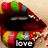 A four- of stylized lips with colorful candy stripes and sprinkles, each displaying a different word in white text on black background