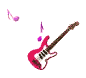 Red electric guitar with brown neck and white pickguard surrounded by pink musical notes on gray background.