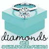 identical turquoise boxes each holding a diamond ring, with text below reading "diamonds" and "a GIRLS BEST FRIEND"