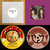 Four distinct pixelated images arranged in a 2x2 grid: top-left square with white background and gray T-shape, top-right purple square with two figures, bottom-left circular yellow-red pattern, bottom-right circular brown pattern.