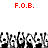 Red text F.O.B. appears above a of black-and-white pixelated figures with raised arms on white background