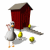 Animated sequence showing a chicken and yellow eggs near a red barn with gray roof, changing egg positions across frames.