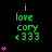Green text 'i love cory <333' on black background with pink heart animations; hearts increase from one to five then decrease in sequence across frames.