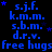 Blue text on black background repeats 's.j.f. k.m.m. s.b.m. d.r.v.' and 'free hugs' in a pattern with small blue stars scattered throughout