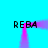 Cyan background with four instances of the text 'REBA' in black pixelated font, connected by a pink-to-purple gradient line forming a rectangular frame.