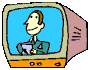 Animated sequence of a cartoon man in a suit holding an hourglass, displayed on nine retro-style television screens with blue backgrounds.