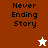 A split-screen image shows "Never Ending Story" text with a white star on brown background and a brown star on white background.